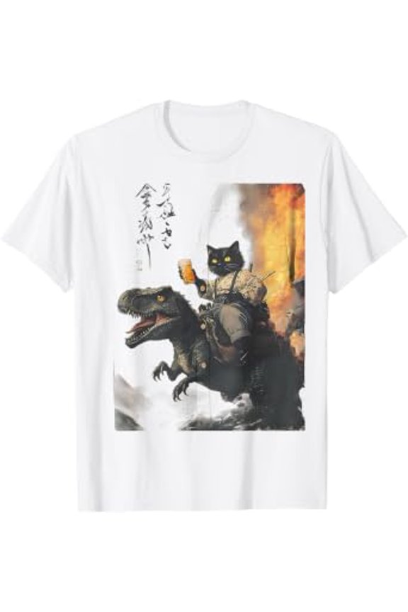 black cat samurai dinosaur sea wave print T-Shirt