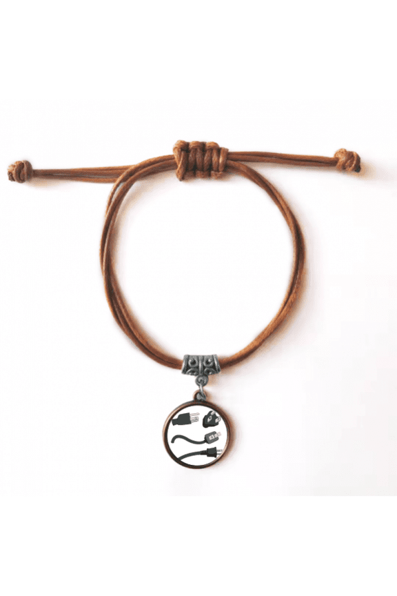 black charging cable plug pattern bracelet leather hide wristband brown jewelry
