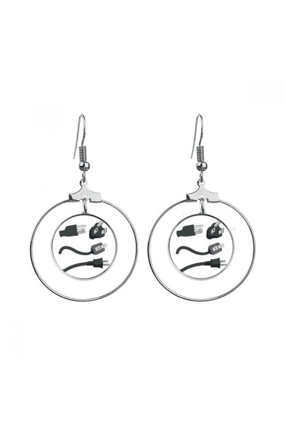 black charging cable plug pattern earrings dangle hoop jewelry drop circle