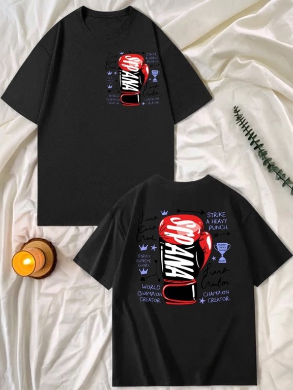 black cotton t shirt red boxing gloves graphic retro streetwear style heavy punch world creator theme trophy stars symbols competition gym workout casual summer