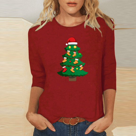 Friday deals 2024 christmas Aueoeo Merry Christmas T-shirt Women Merry Bright Christmas Tree Print Sweatshirt Funny Xmas Holiday Shirts Red L