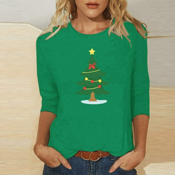 Friday deals Aueoeo Christmas Sweatshirt Women Christmas Tree Printed T-Shirt Casual Long Sleeve Round Neck Pullover Tops Green M