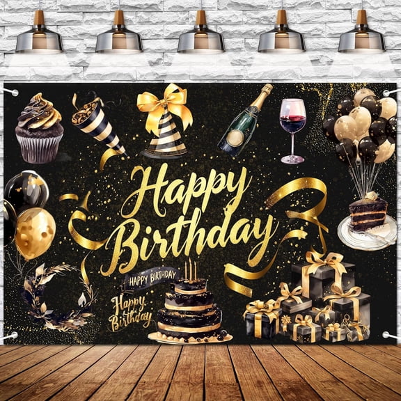 black and gold happy birthday backdrop banner, luxury watercolor style for classy party decoration, anniversary celebration, photography background, 72 x 43 inches.