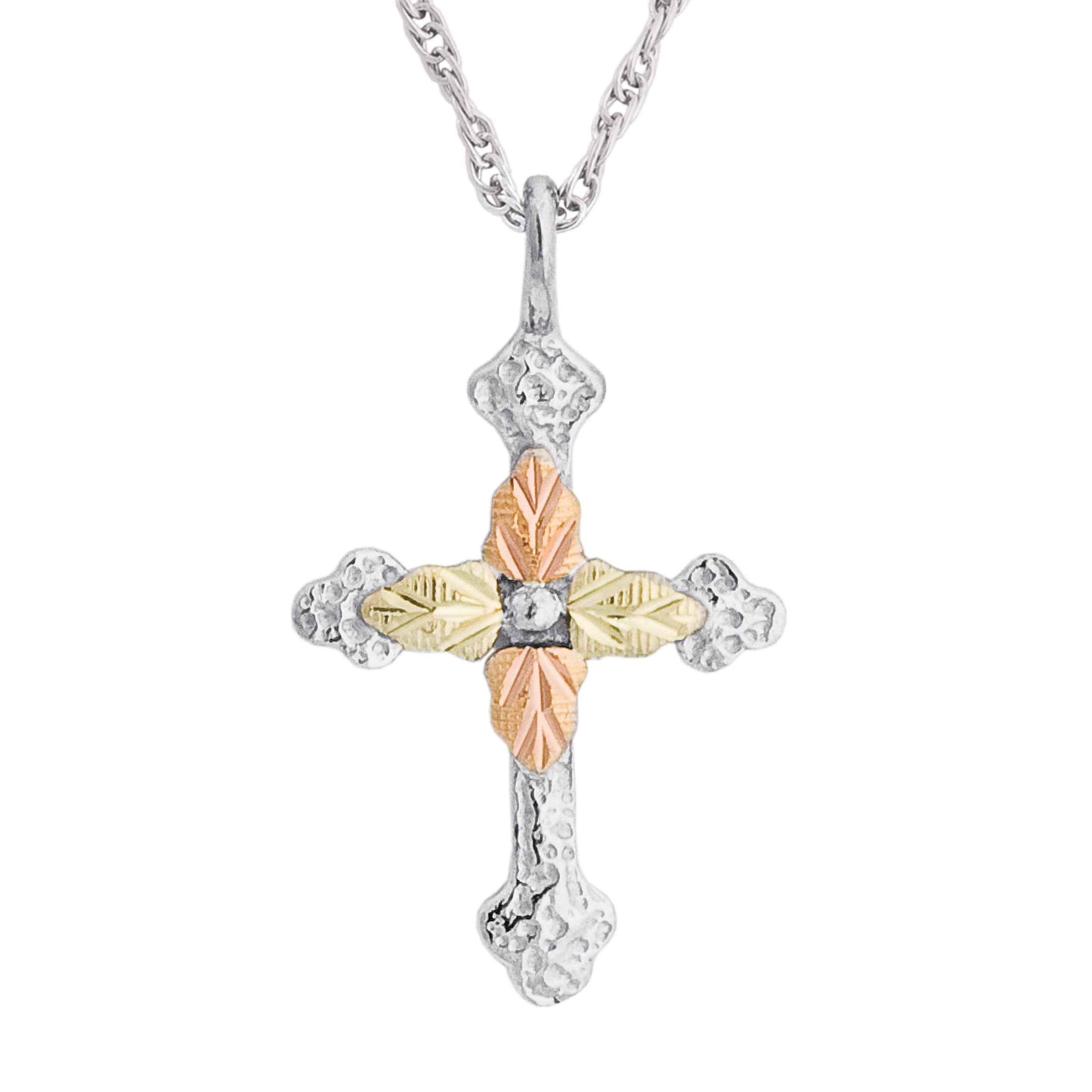 Mt Rushmore Black Hills Gold MRSD20236 Black Hills Gold on Silver Etched Cross Pendant