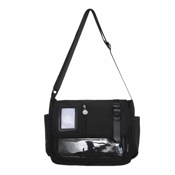 black ita messenger bag for women, large capacity cute pin display crossbody bag, kawaii purse with bottle holder