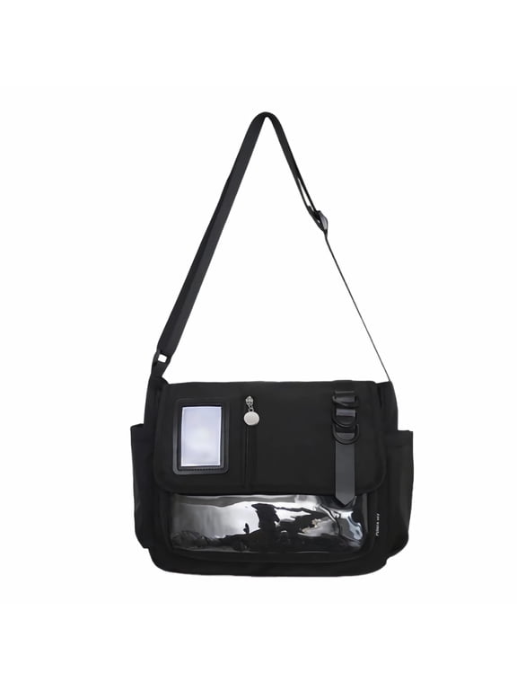 black ita messenger bag for women, large capacity cute pin display crossbody bag, kawaii purse with bottle holder