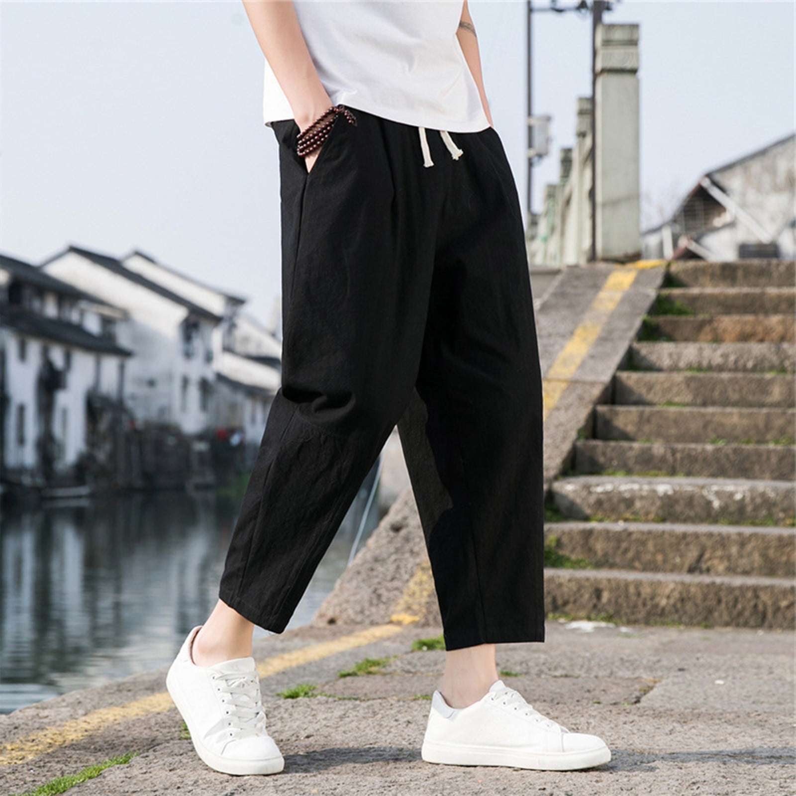 black men's pants mens spring and summer casual pants mens wild cotton and  linen loose linen pants korean version of the trend pants straight tube