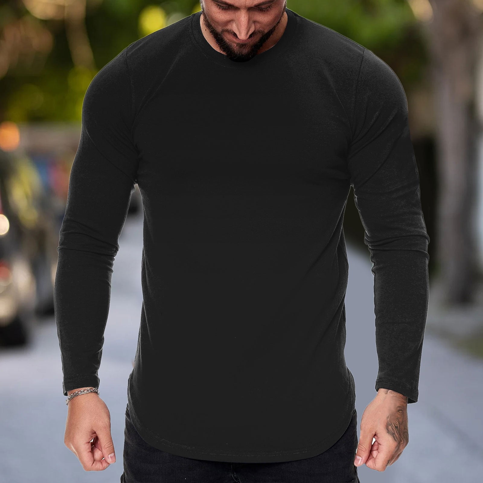 Dark Gray T-Shirts Mens Fashion Casual Sports Fitness Outdoor Curved Hem  Solid Color Round Neck T Shirt Long Sleeve Top 