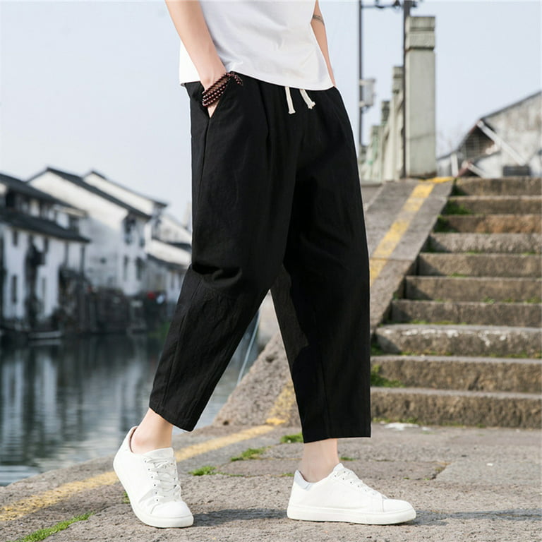 black mens sweatpants mens spring and summer casual pants mens wild cotton  and linen loose linen pants korean version of the trend pants straight tube