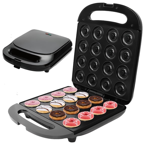 This black mini donut maker bakes 16 small doughnuts at once with smooth non-stick plates. Kid-friendly design perfect for homemade breakfast, snacks and desserts.