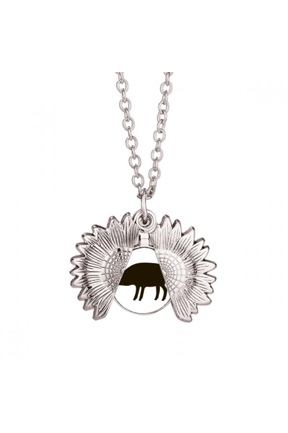 black pig animal portrayal sunflower necklace pendant locket jewelry