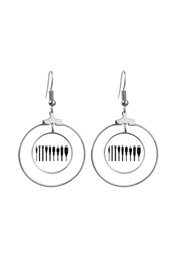 black plug charging cable pattern earrings dangle hoop jewelry drop circle