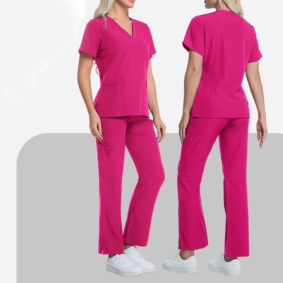 black scrubs sets for women,Scrubs for Women Set, Stretchy V-Neck Top & Jogger Pants with Multi-Pocket Yoga Waistband - Hot Pink - L