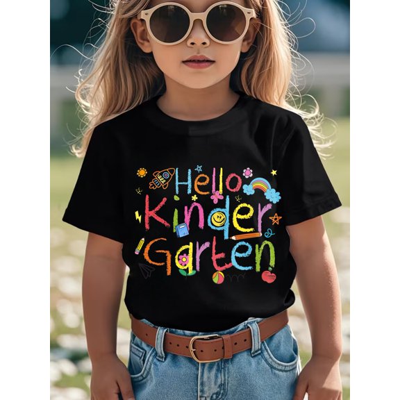black t shirt for kids with hello kindergarten print and for school and daily wear