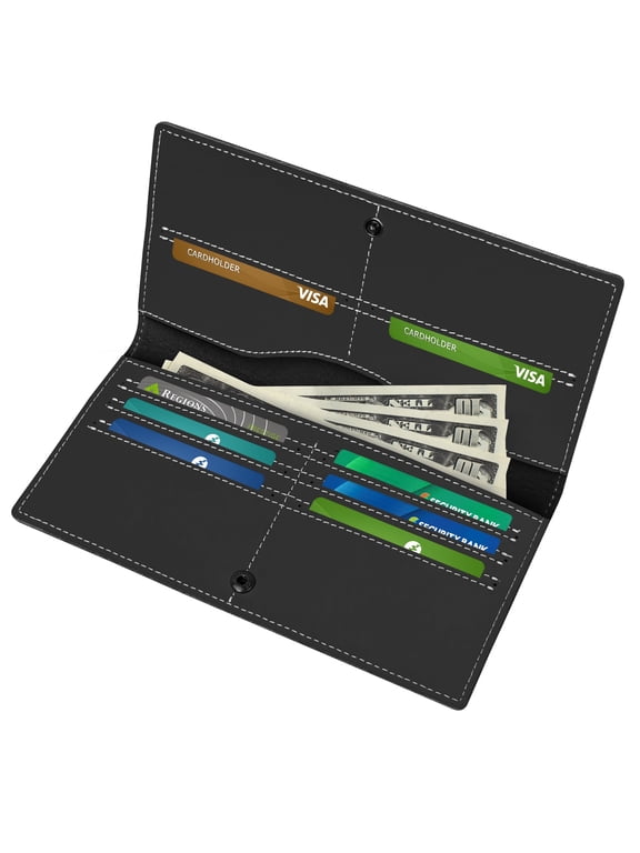 RFID Bifold Mens Wallets, Slim Credit Card Wallet, Real Leather Long Wallet for Men, with 8 Card Holder & 2 Cash Pocket, Great Gift for Father Husband, Black