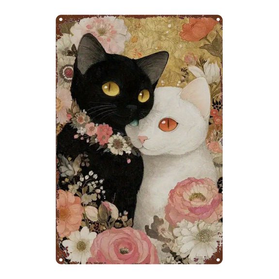 A black and white cat floral backdrop, a classic wall decoration, made of durable metal, suitable for homes, kitchens, bars, gardens, and farmhouses. Vintage design, 8" x 12" decorative plaque.
