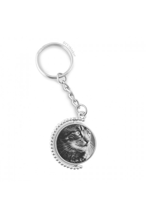 black white cat profile animal rotatable keyholder disc accessories chain clip