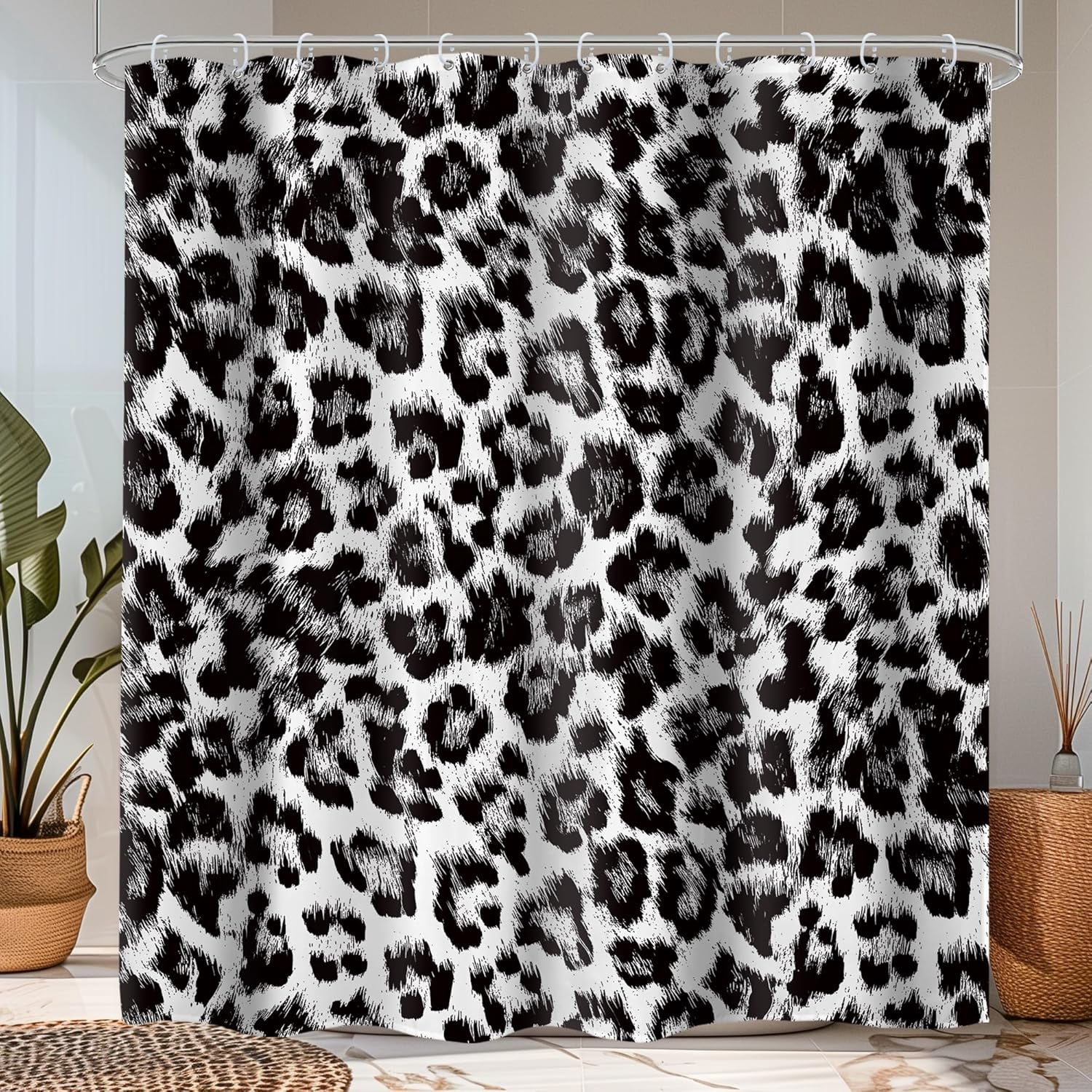 **black and white leopard print shower curtain 60wx72h inches wildlife