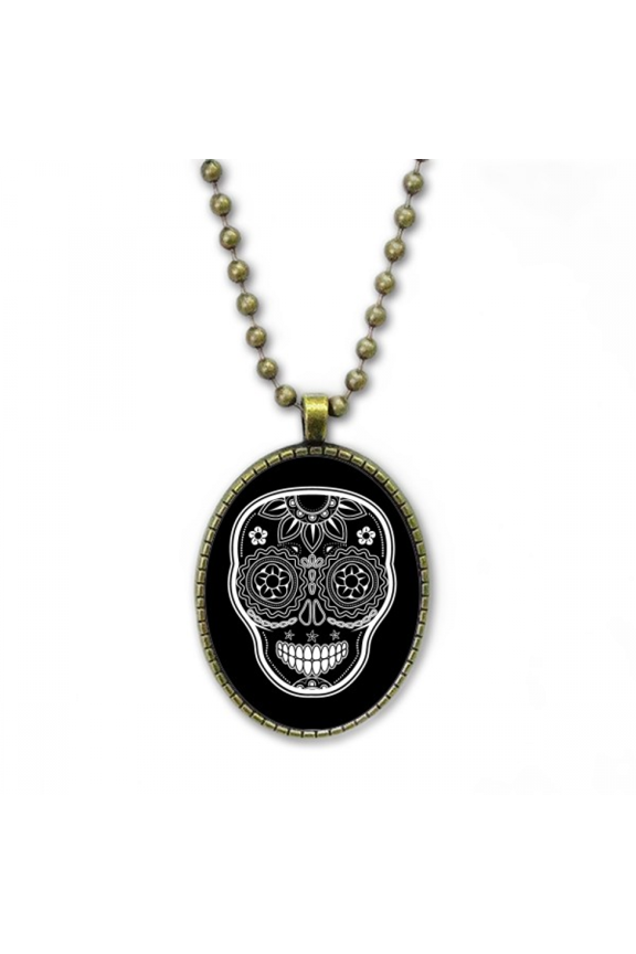 black white mexico day of dead necklace vintage chain bead pendant jewelry collection