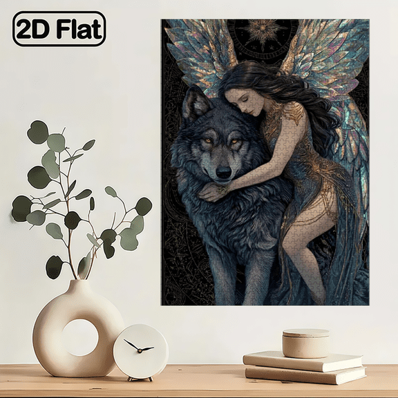 A black wolf and colorful wings dance with a mysterious woman under the starry sky. 1000pcs exquisite detail fantasy art puzzle, healing for the soul, a collectible fun puzzle.