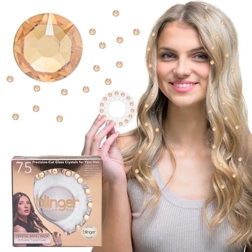 blinger® Crystal Women Refill Pack | 75 Hair Safe Glass Crystals for Everyday Glam | Golden Honey 7 mm | | Gem Stamper Not Included