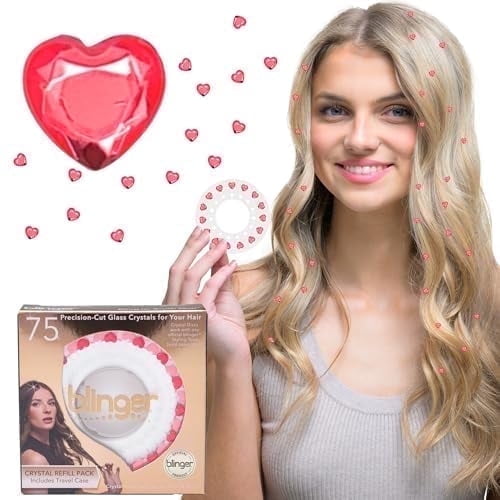 blinger® Crystal Women Refill Pack | 75 Hair Safe Glass Crystals for Everyday Glam | Light Scarlet Hearts 6 mm | Gem Stamper Not Included
