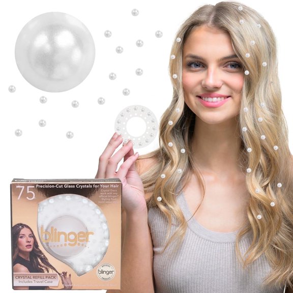 blinger® Crystal Women Refill Pack | 75 Hair Safe Glass Crystals for Everyday Glam | Pure White Pearls 7 mm | Gem Stamper Not Included