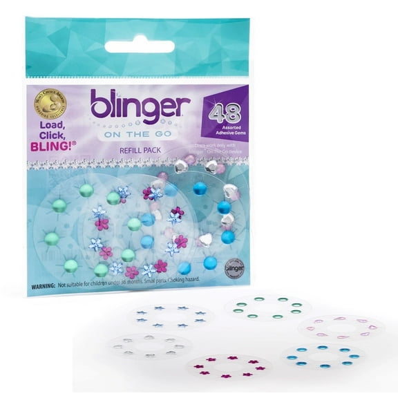 blinger® Mini (On the Go) Refill Pack with 48 Colorful Hair-Safe Gems - Fun | Gem Stamper Not Included