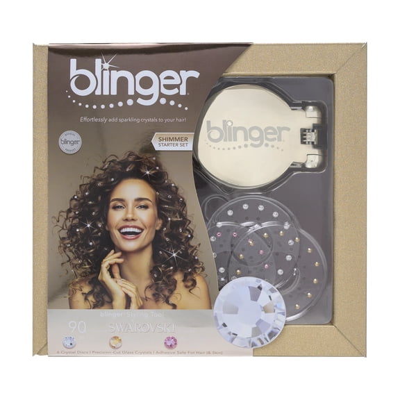 Blinger Shimmer Starter Kit with Gold-Plated Gem Stamper Styling Tool and 90 Glass Crystals