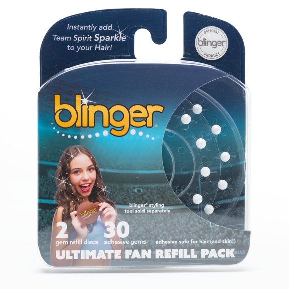 blinger® Ultimate Fan Refill Pack | 30 Dazzling Hair-Safe Glass Crystals for Sports Lovers - White | Gem Stamper Not Included