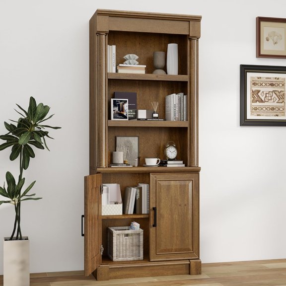 blini 72" Tall Bookcase with Doors, Vintage Oak Bookshelf with Adjustable Shelves, Large Wooden Bookcases for Living Room, Library, Study Room & Bedroom, Large Storage Cabinet