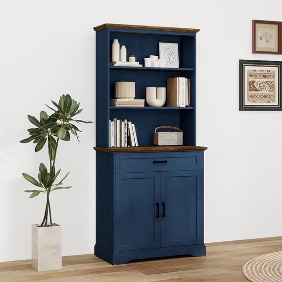 blini Tall Bookshelf with Drawers, 5-Shelf Blue Bookcase, 15" Multi Depth Storage Cabinet with Adjustable Shelves, Large Bookcases for Home Office, Living Room & Bedroom