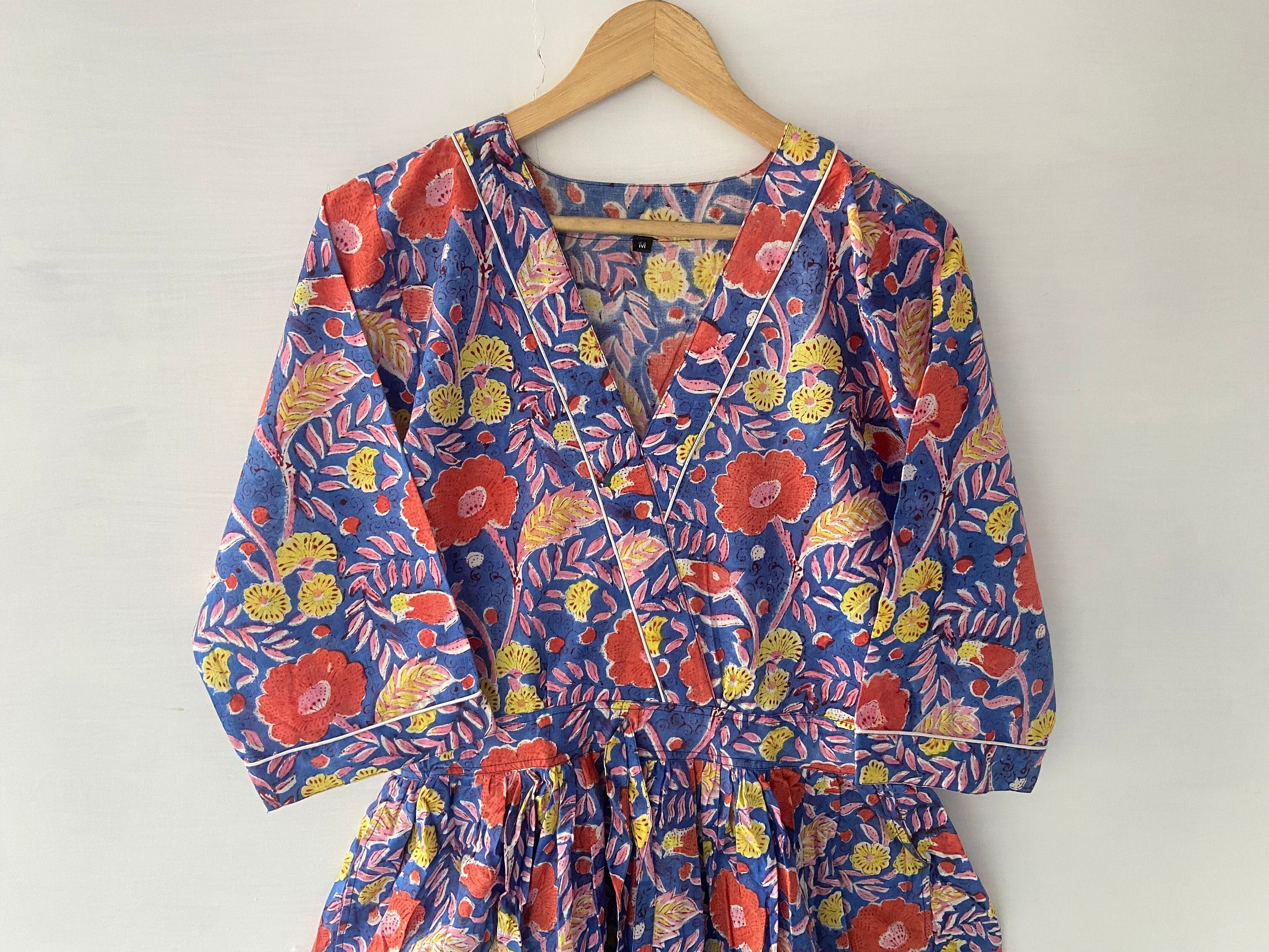 white christmas dresses indian cotton blue- pink floral block printed women's maxi dress