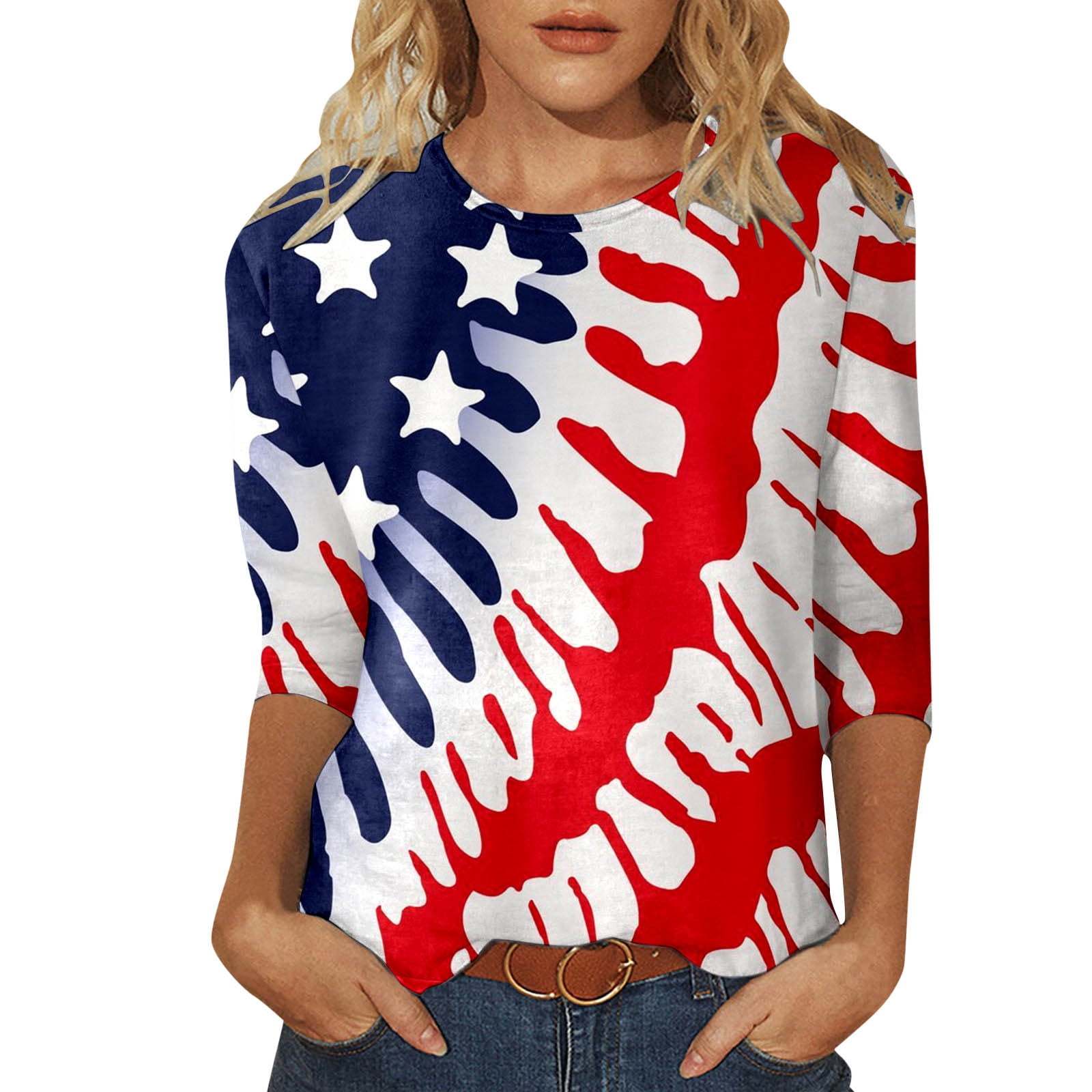 blocloalo American Flag Shirts for Women 3/4 Sleeve Crewneck Patriotic ...