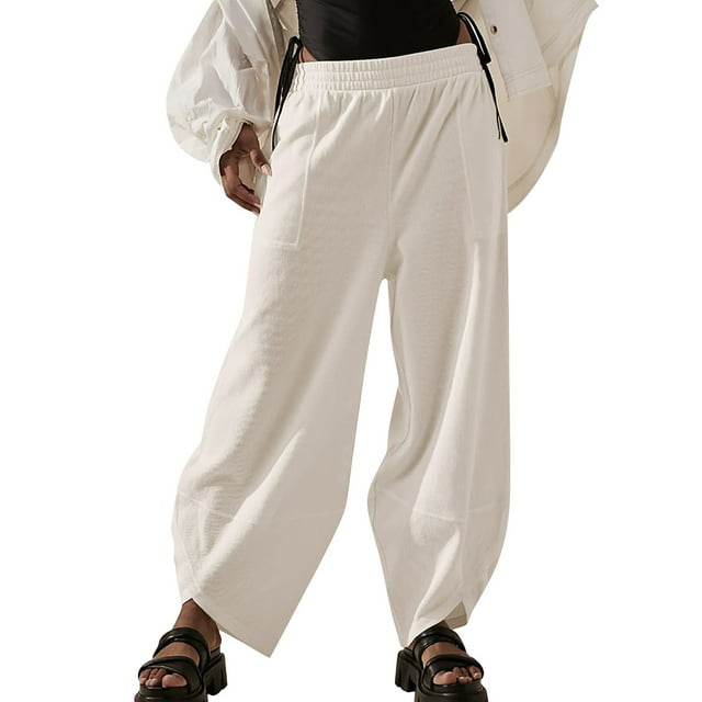 blocloalo Women's Cotton Linen Beach Pants Summer Casual Elastic Waist ...
