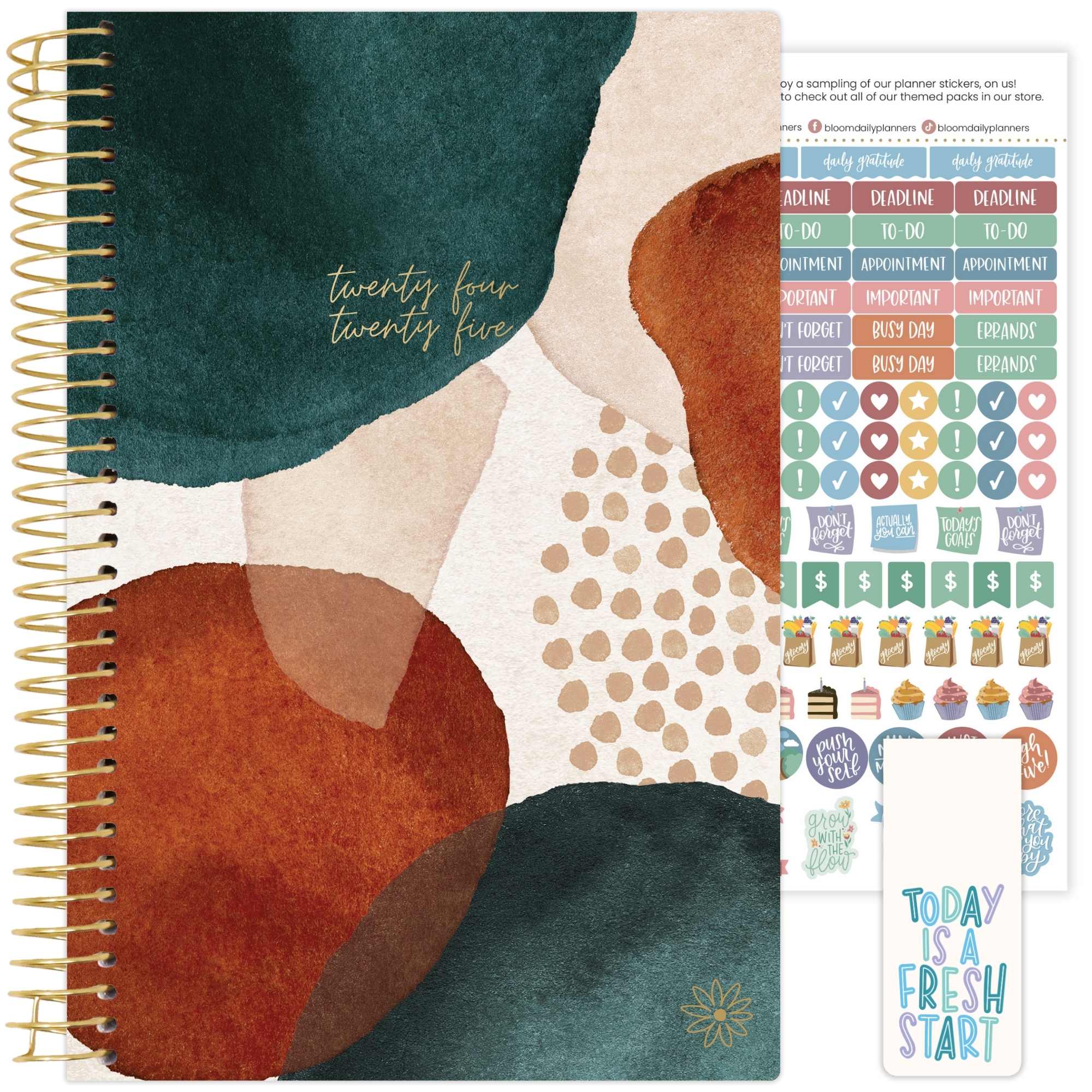bloom daily planners 2024-25 Soft Cover Planner, 5.5" x 8.25", Earthy Abstract, Green