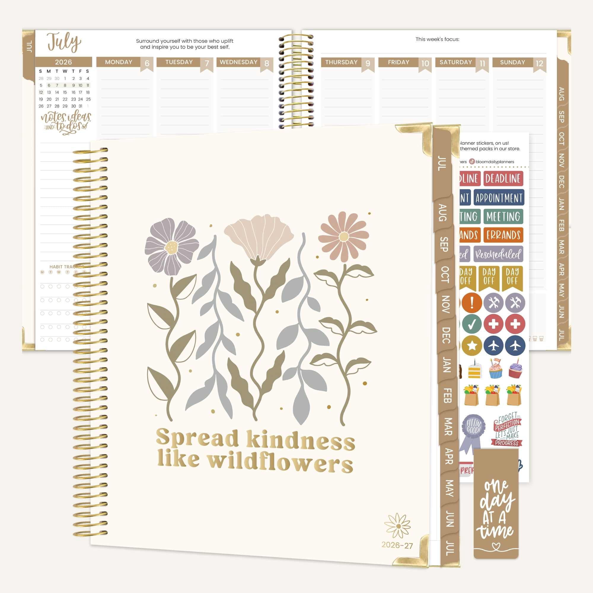 bloom daily planners 2026-2027 Academic Goal & Vision Planner, 13-Month Monthly & Weekly Hard Cover, 7.5" x 9", Spread Kindness Like Wildflowers