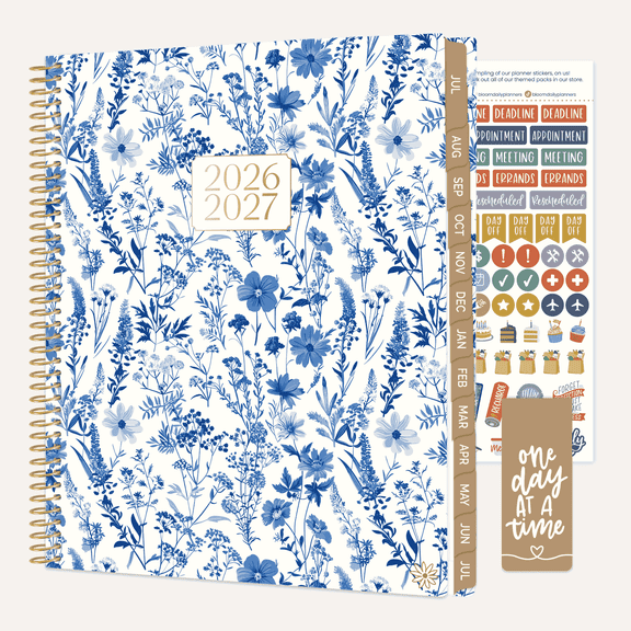 bloom daily planners 2026-2027 Academic Planner, 13 Month Monthly & Weekly, 8.5" x 11" Soft Cover, Stickers Included, Blue & White Floral