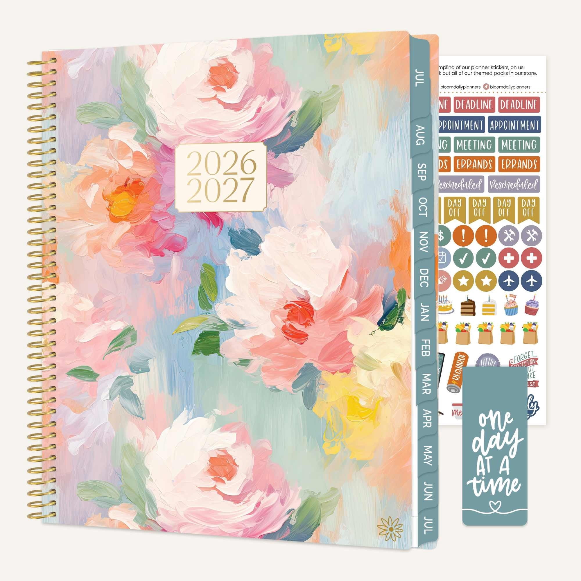bloom daily planners 2026-2027 Academic Planner, 13 Month Monthly & Weekly, 8.5" x 11" Soft Cover, Stickers Included, Painted Peonies