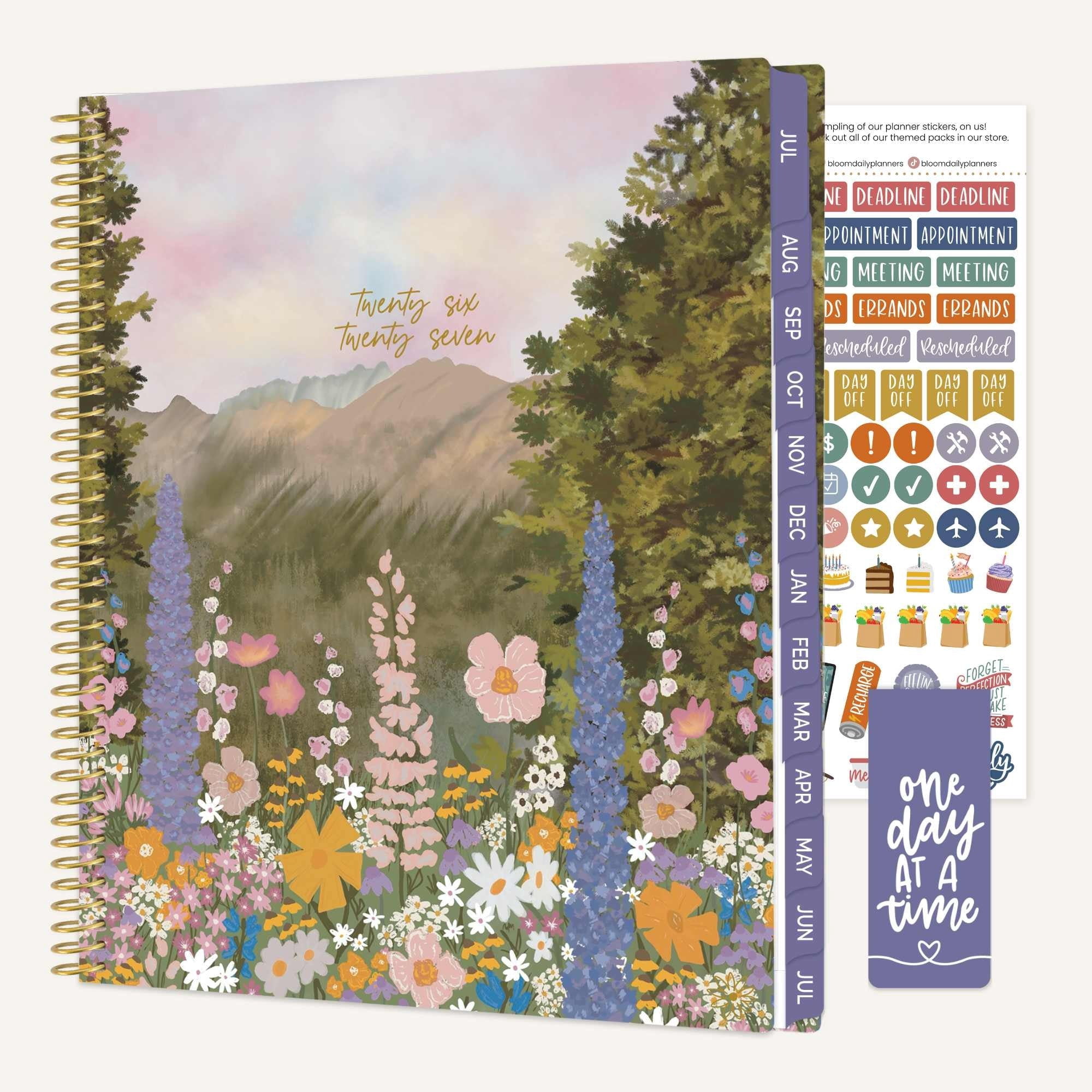 bloom daily planners 2026-2027 Academic Planner, 13 Month Monthly & Weekly, 8.5" x 11" Soft Cover, Stickers Included, Wildflower Mountainside