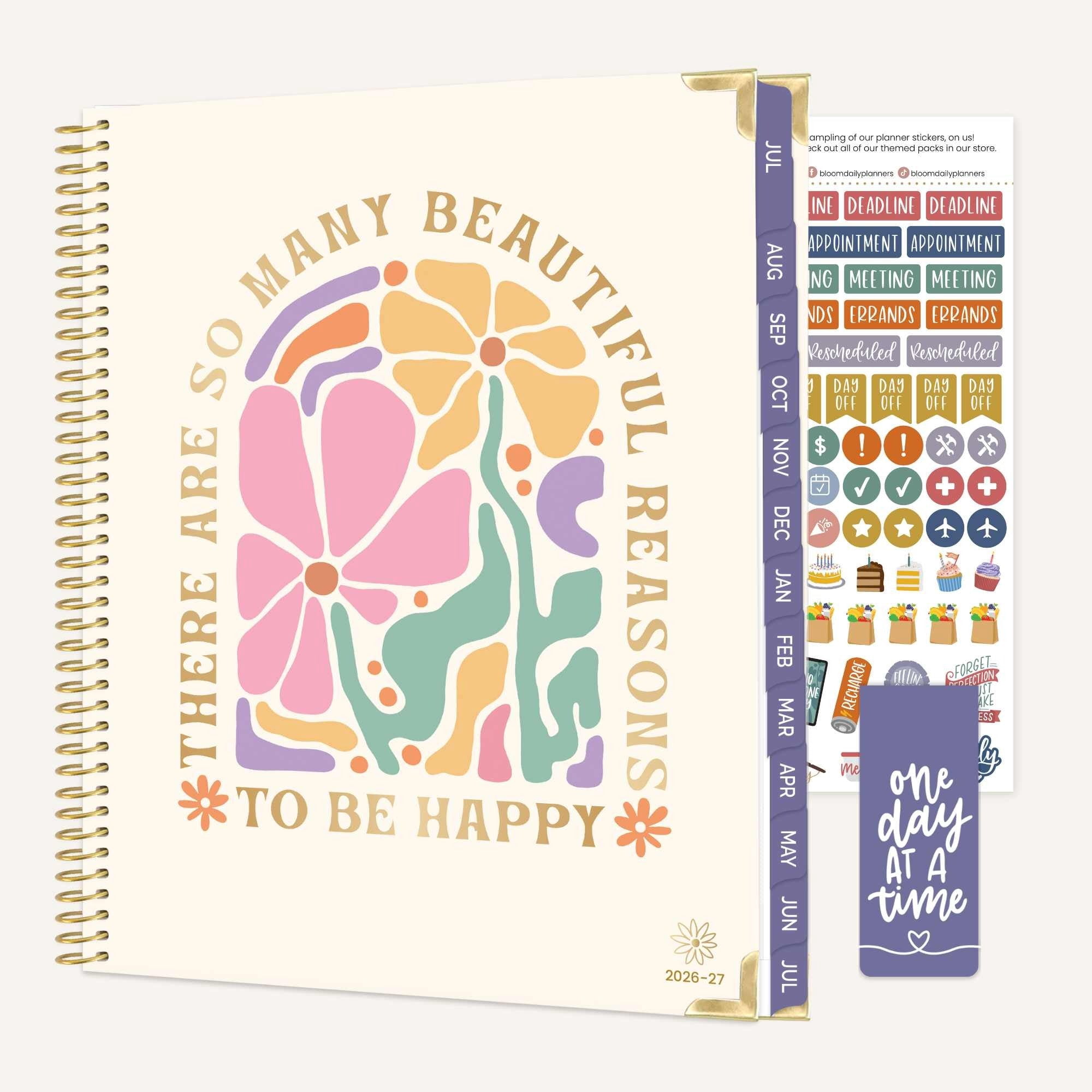 bloom daily planners 2026-2027 Academic Planner, 13-Month Monthly & Weekly Hard Cover, 8.5" x 11", So Many Reasons to Be Happy