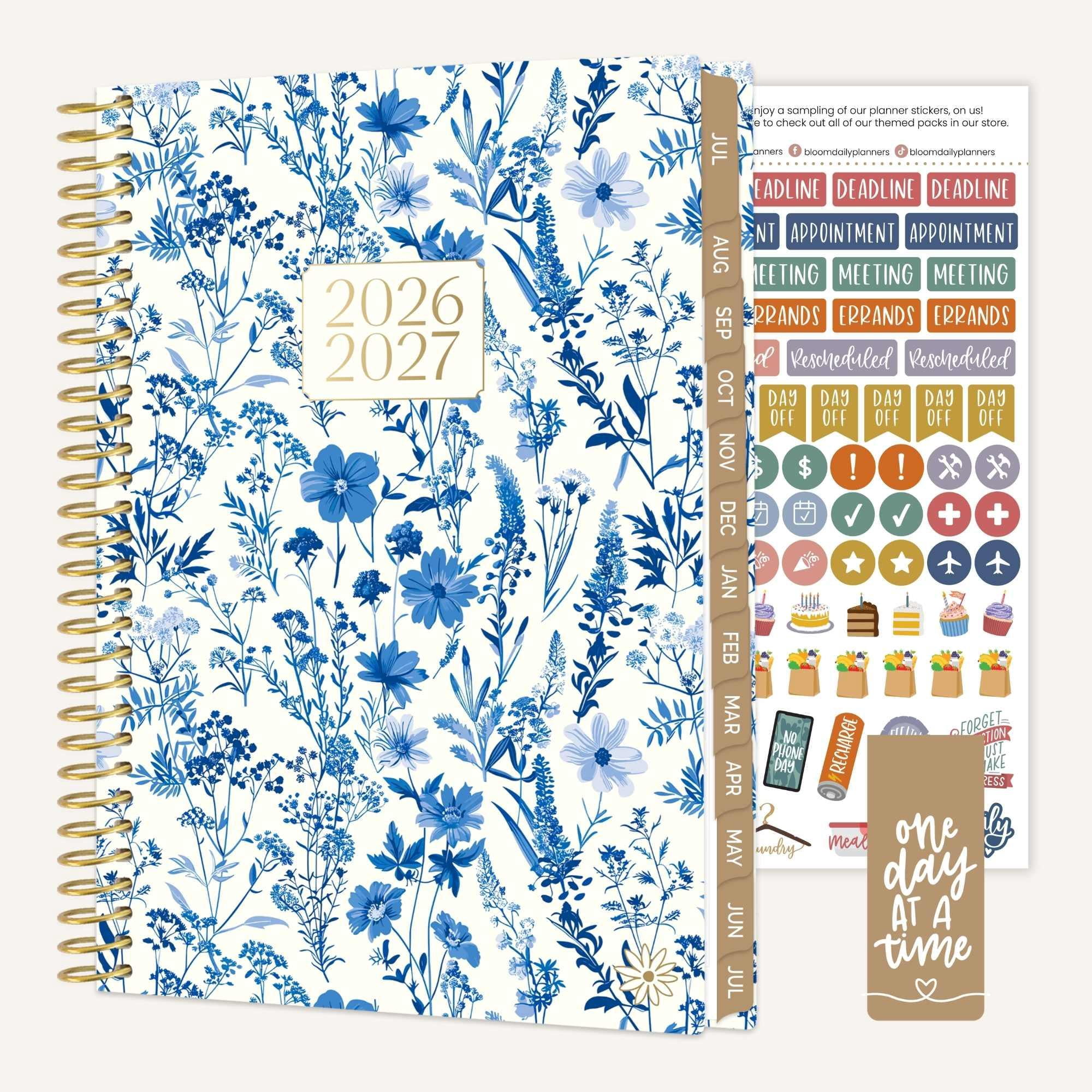 bloom daily planners 2026-2027 Academic Planner, 13 Month Monthly & Weekly Soft Cover, 5.5" x 8.25", Stickers Included, Blue & White Floral
