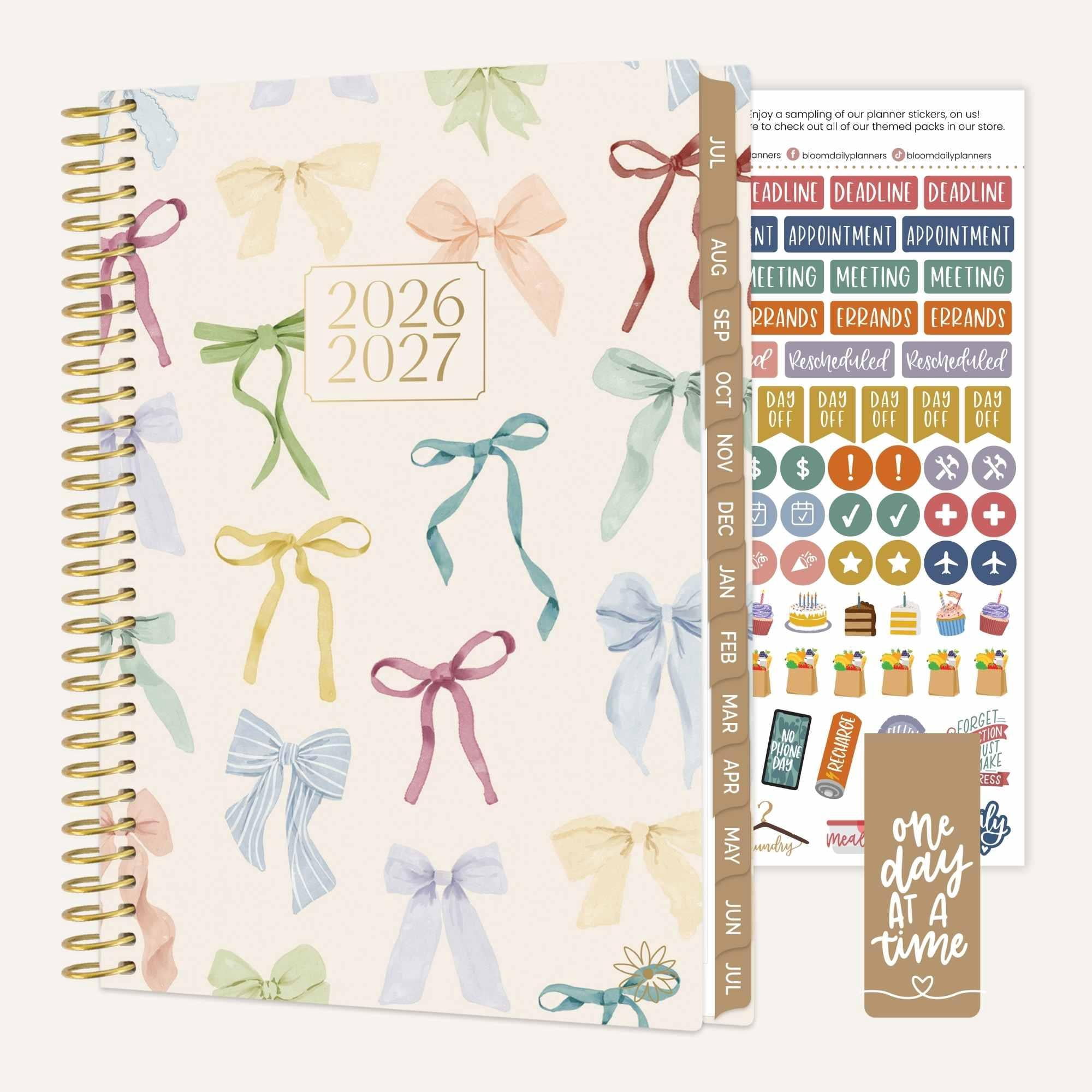 bloom daily planners 2026-2027 Academic Planner, 13 Month Monthly & Weekly Soft Cover, 5.5" x 8.25", Stickers Included, Bows