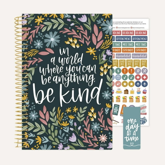 bloom daily planners 2026 Weekly & Monthly Planner, 5.5" x 8.25", Be Kind, Soft Cover with Stickers & Bookmark