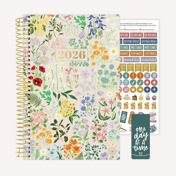 bloom daily planners 2026 Weekly & Monthly Planner, 5.5" x 8.25", Garden Party, Beige, Soft Cover with Stickers & Bookmark