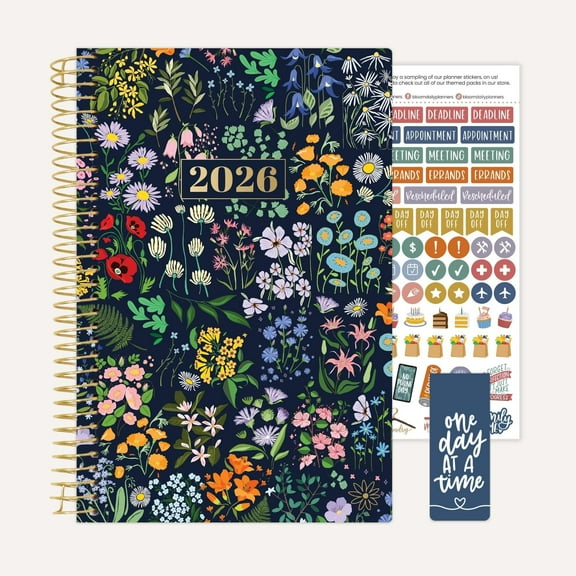 bloom daily planners 2026 Weekly & Monthly Planner, 5.5" x 8.25", Garden Party, Navy, Soft Cover with Stickers & Bookmark