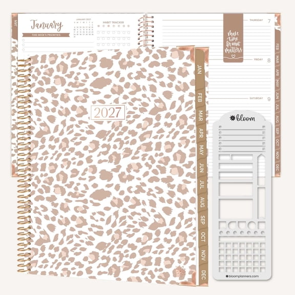 bloom daily planners 2027 Hard Cover Planner, 8.5" x 11", JanuaryDecember 2027, Tan Leopard