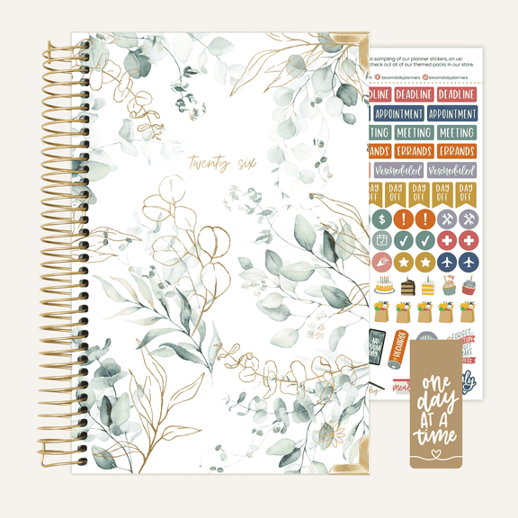 bloom daily planners Hardcover 2026 Planner, 5.5" x 8.25" Monthly & Weekly Inspirational Agenda Book, Eucalyptus White