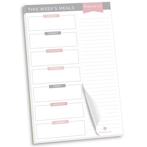 bloom daily planners Meal Planning Pad With Magnets, Grey & Pink, 6" x 9"