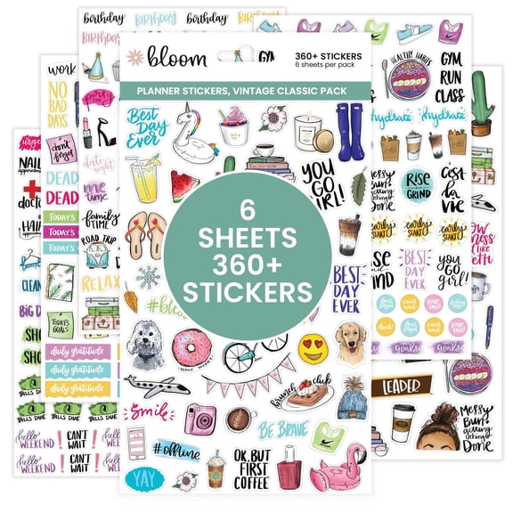 bloom daily planners Vintage Classic Planner Stickers, 360 Stickers, 6 Sheets, Hand-Drawn Variety Pack